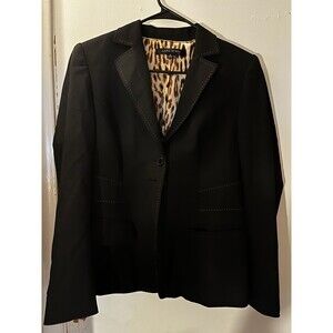 Anne Klein Black Tailored Blazer with Leopard Print Lining Size 6
